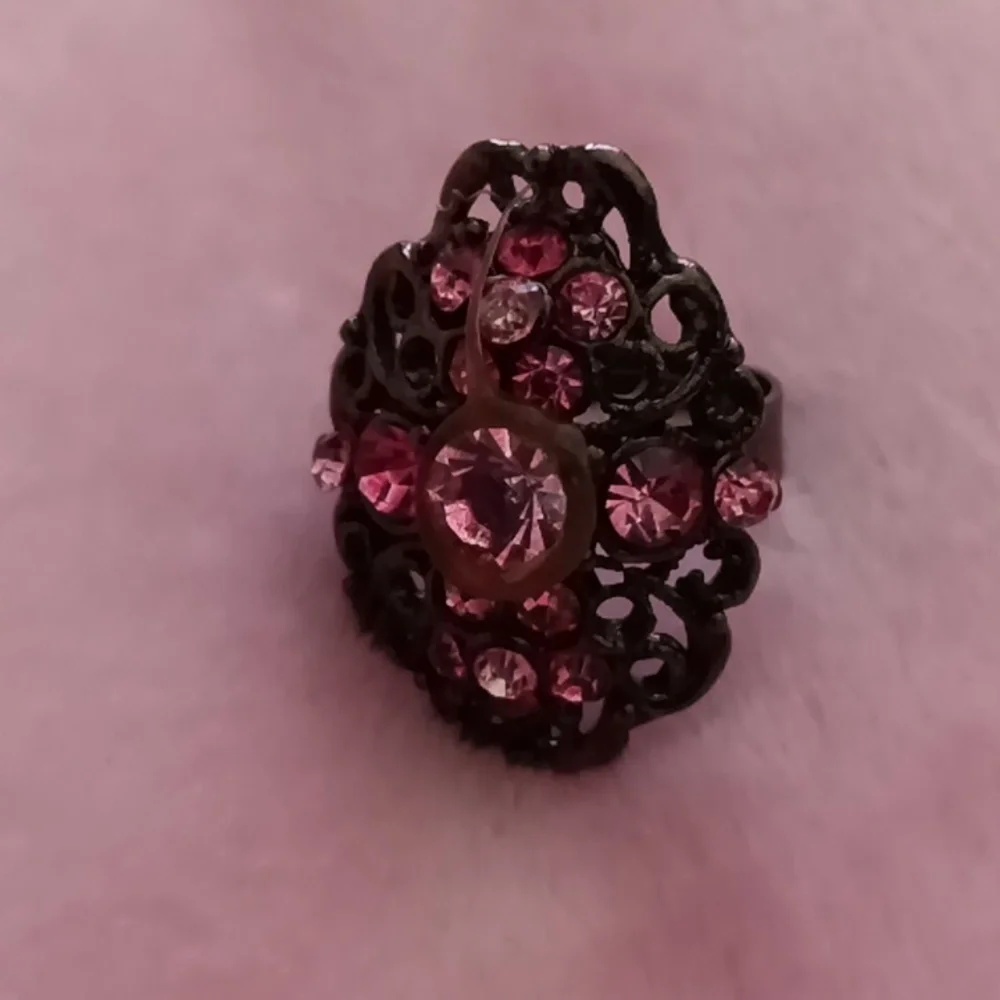 Vintage Costume Brass Filigree Ring with Elegant Pink Crystals